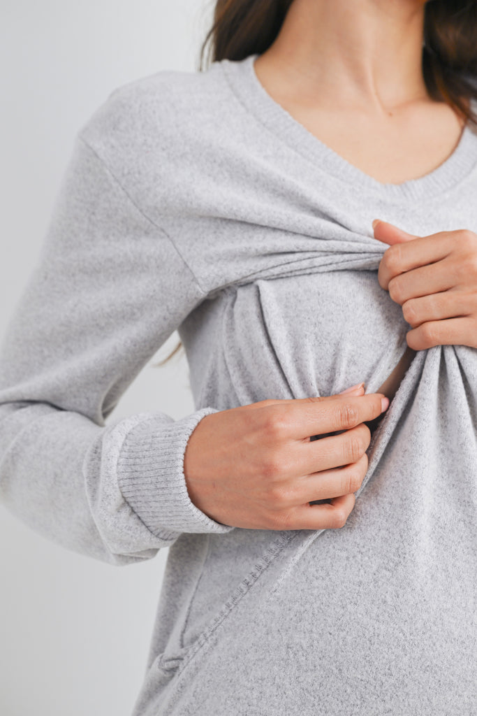Heather Grey Scoop Neck Long Sleeve Maternity Pullover Nursing Top Nursing Opening Detail