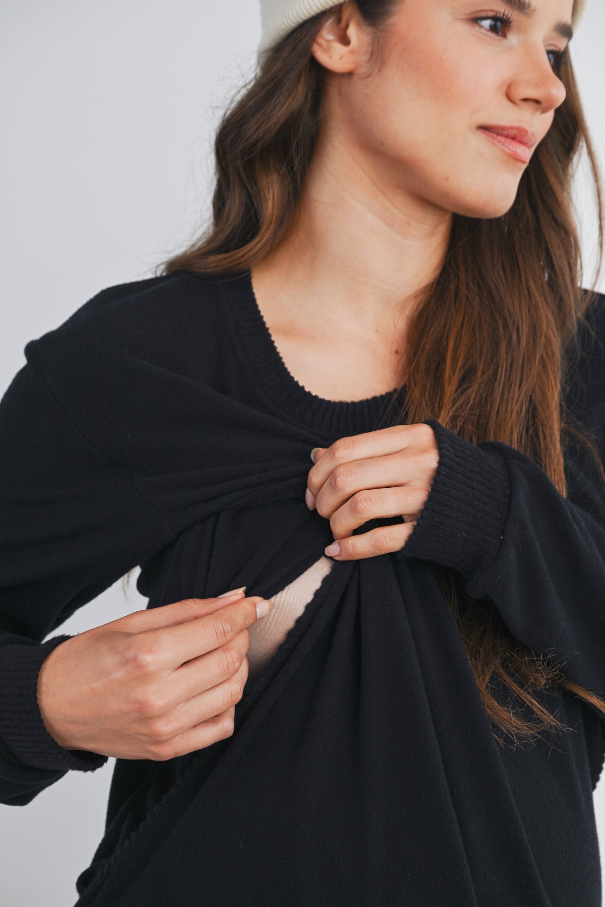 Black Scoop Neck Long Sleeve Maternity Pullover Nursing Top Nursing Opening Detail