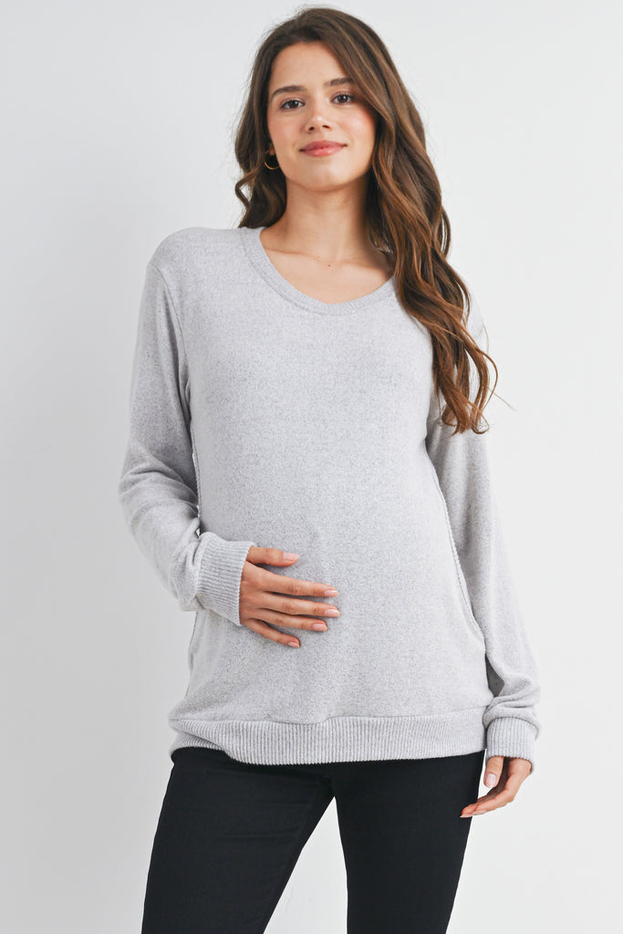 Heather Grey Scoop Neck Long Sleeve Maternity Pullover Nursing Top Front View