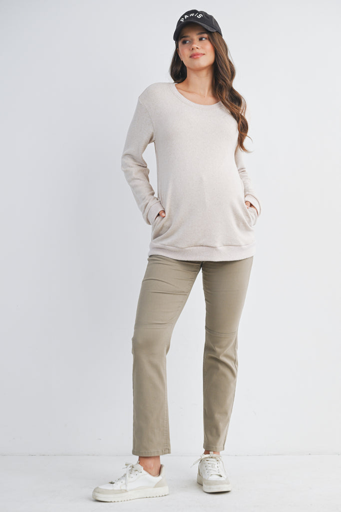 Oatmeal Scoop Neck Long Sleeve Maternity Pullover Nursing Top Full Body