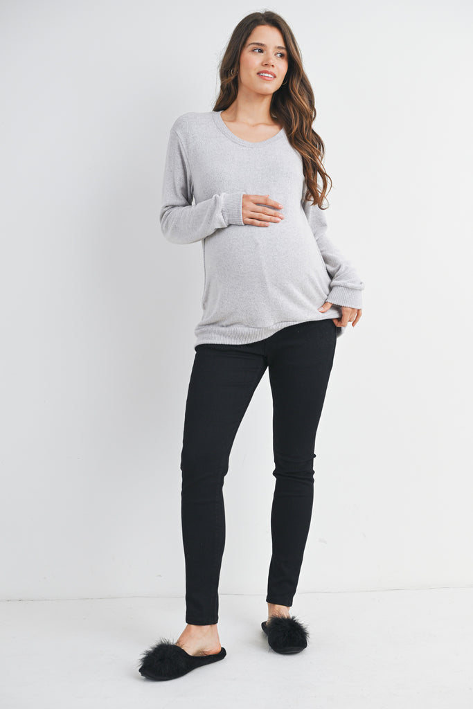 Heather Grey Scoop Neck Long Sleeve Maternity Pullover Nursing Top Full Body