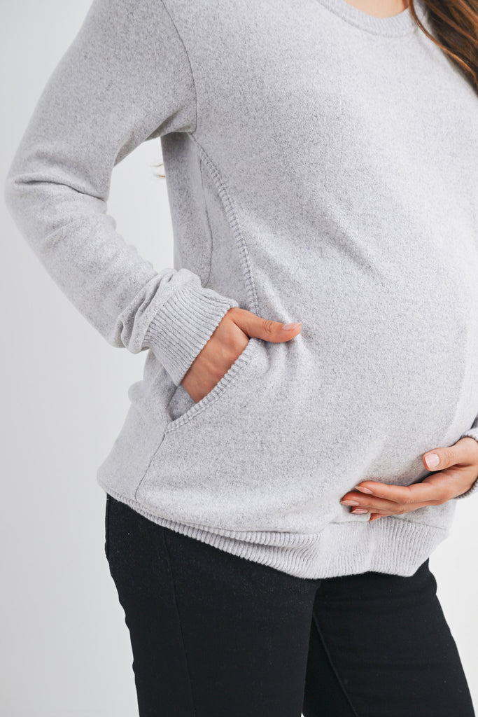 Heather Grey Scoop Neck Long Sleeve Maternity Pullover Nursing Top Side Pocket Detail