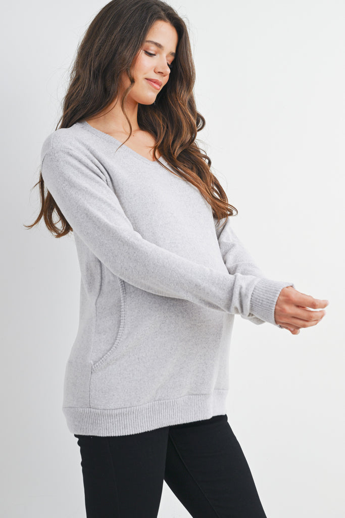 Heather Grey Scoop Neck Long Sleeve Maternity Pullover Nursing Top Side View