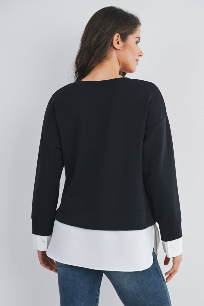 Black/White Casual Long Sleeve Twofer Sweatshirt Top Back View
