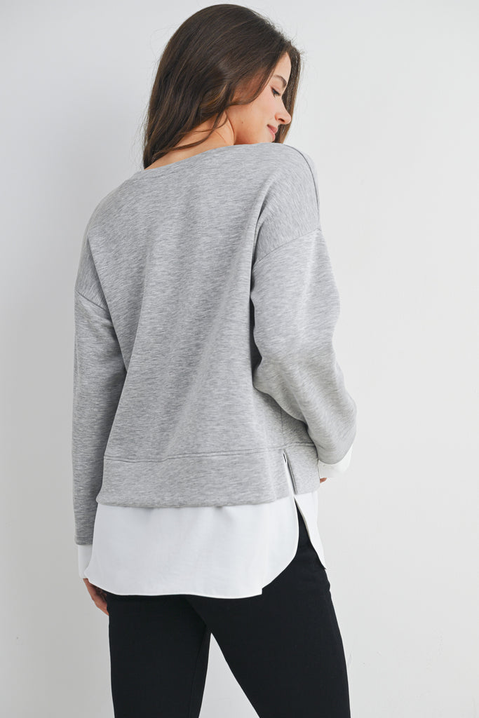Grey/White Casual Long Sleeve Twofer Sweatshirt Top Back View