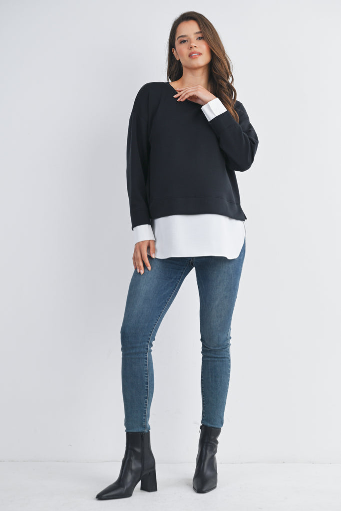 Black/White Casual Long Sleeve Twofer Sweatshirt Top Full Body