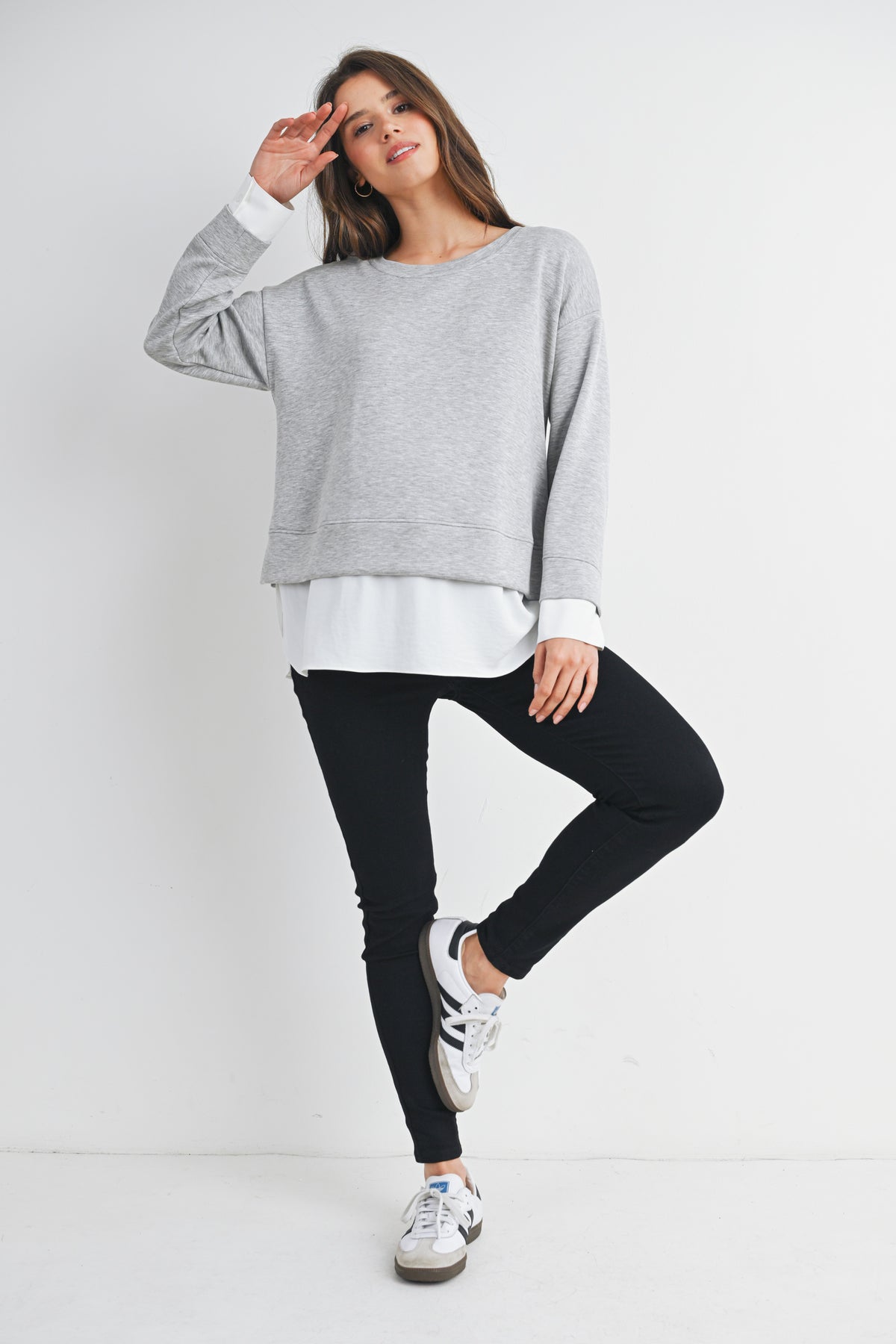 Grey/White Casual Long Sleeve Twofer Sweatshirt Top Full Body