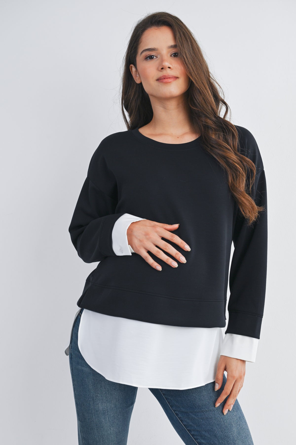Black/White Casual Long Sleeve Twofer Sweatshirt Top Front View
