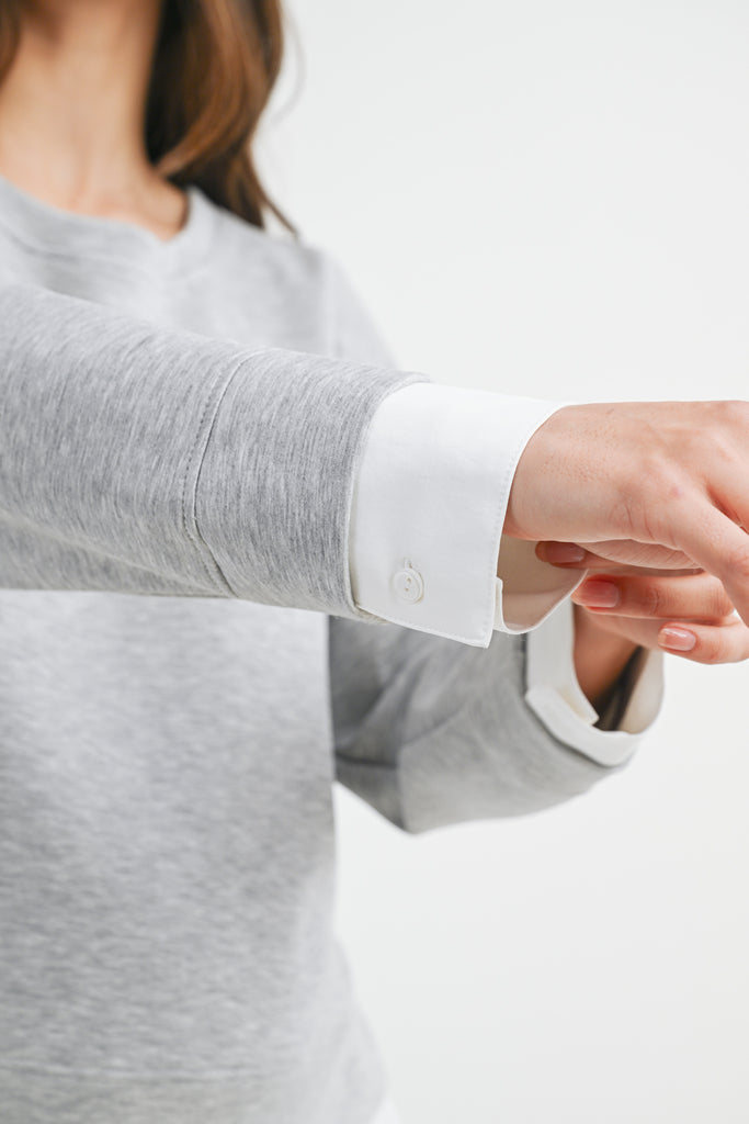 Grey/White Casual Long Sleeve Twofer Sweatshirt Top Close Up Detail