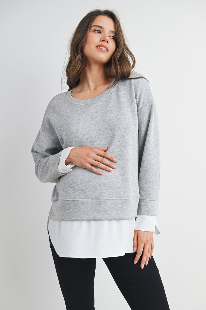 Grey/White Casual Long Sleeve Twofer Sweatshirt Top Front View