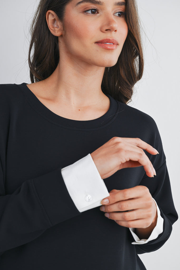 Black/White Casual Long Sleeve Twofer Sweatshirt Top Detail Close Up