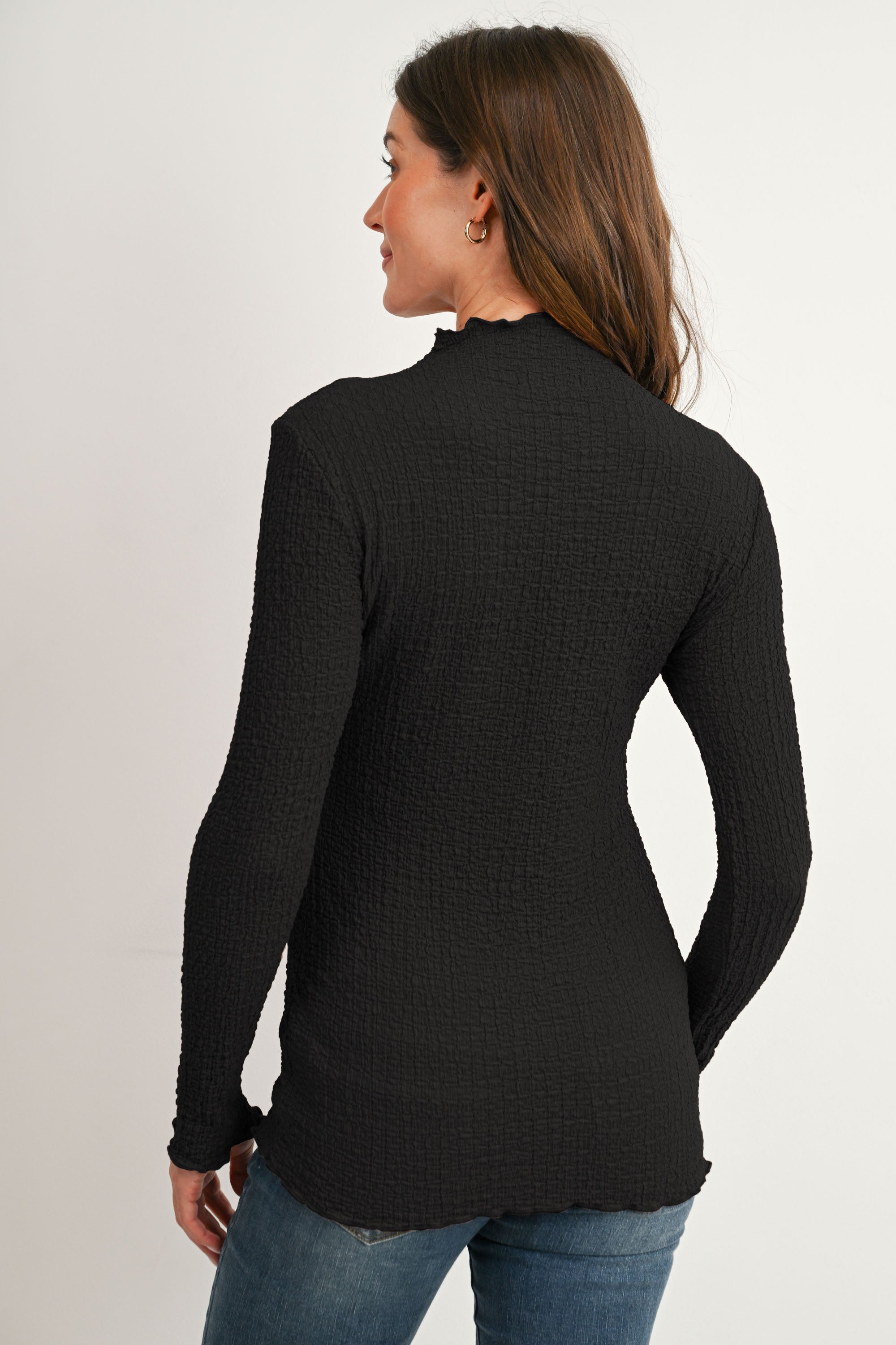 Black Textured Mock Neck Long Sleeve Maternity Top Back View