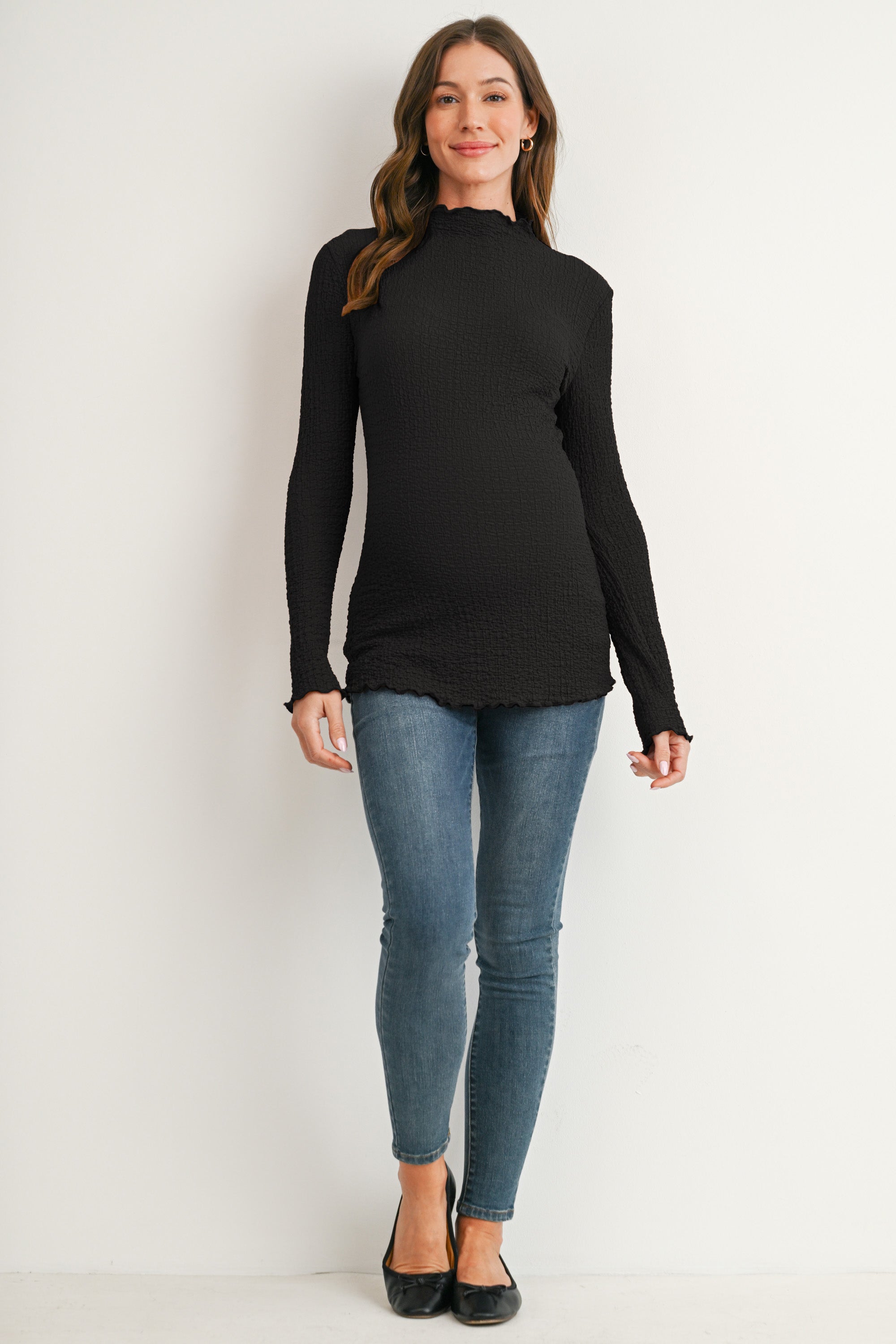Black Textured Mock Neck Long Sleeve Maternity Top Full Body