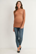 Mocha Textured Mock Neck Long Sleeve Maternity Top Full Body