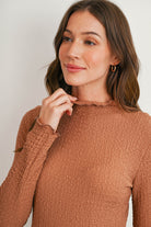 Mocha Textured Mock Neck Long Sleeve Maternity Top Close Up