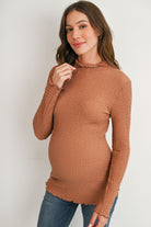 Mocha Textured Mock Neck Long Sleeve Maternity Top Side View