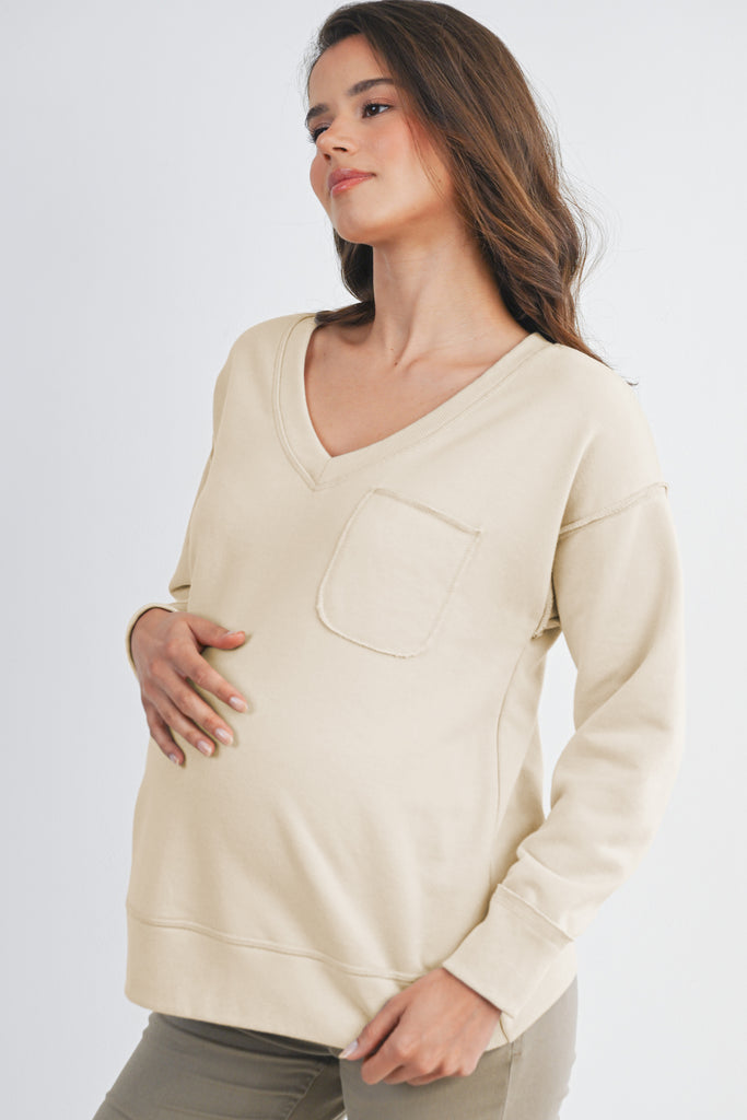 Beige V Neck Long Sleeve Front Pocket Maternity Pullover Top Front View Side View
