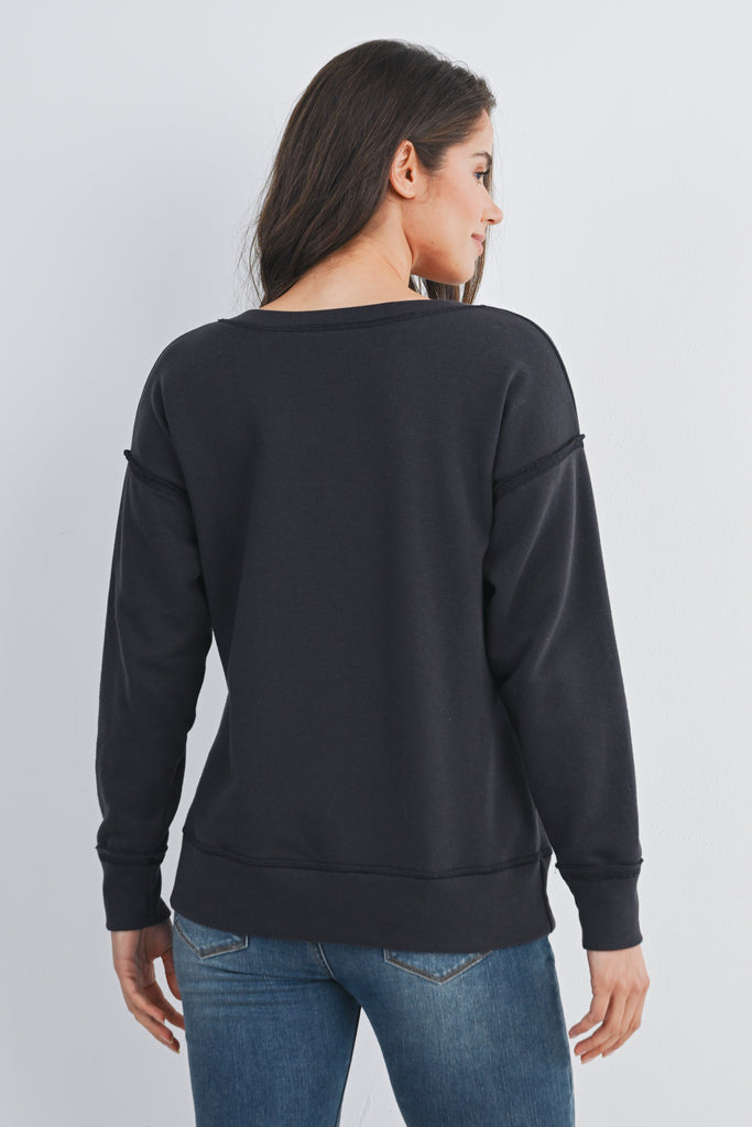 Black V Neck Long Sleeve Front Pocket Maternity Pullover Top Back View
