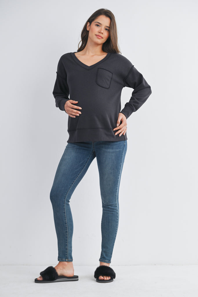 Black V Neck Long Sleeve Front Pocket Maternity Pullover Top Front View Full Body