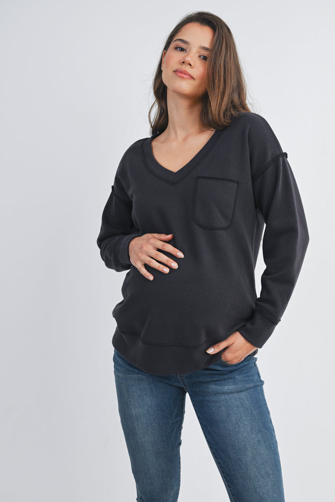 Black V Neck Long Sleeve Front Pocket Maternity Pullover Top Front View Front View