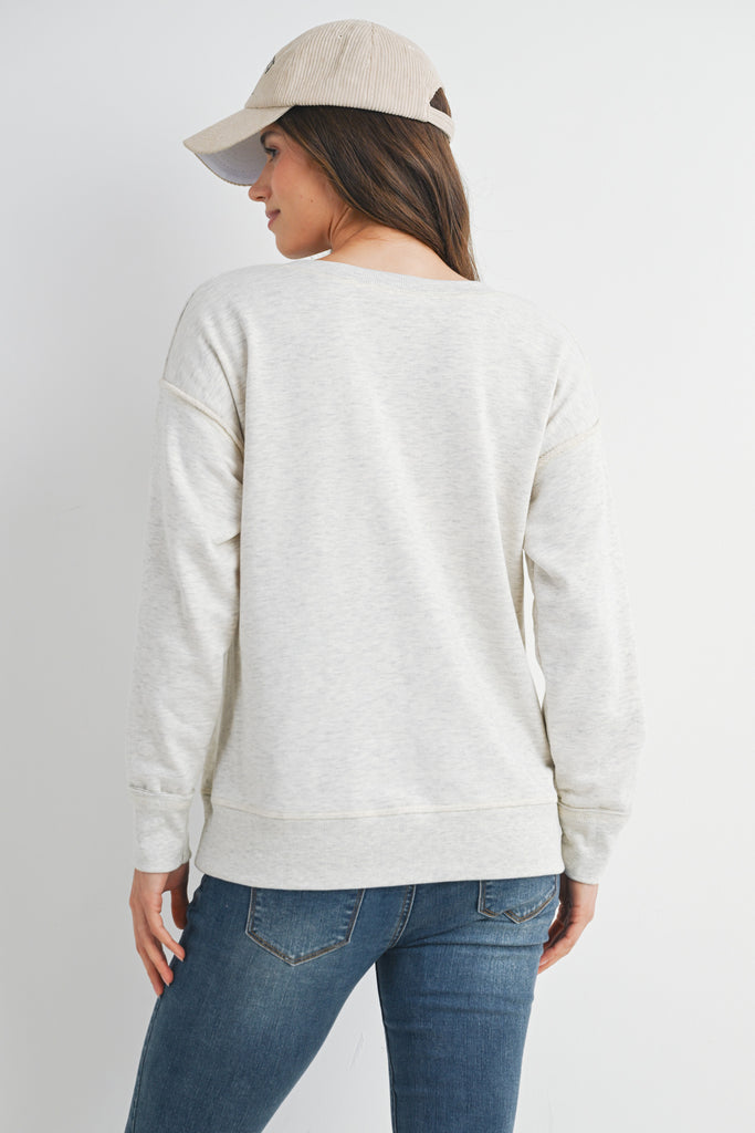 Light Grey V Neck Long Sleeve Front Pocket Maternity Pullover Top Front View Back View