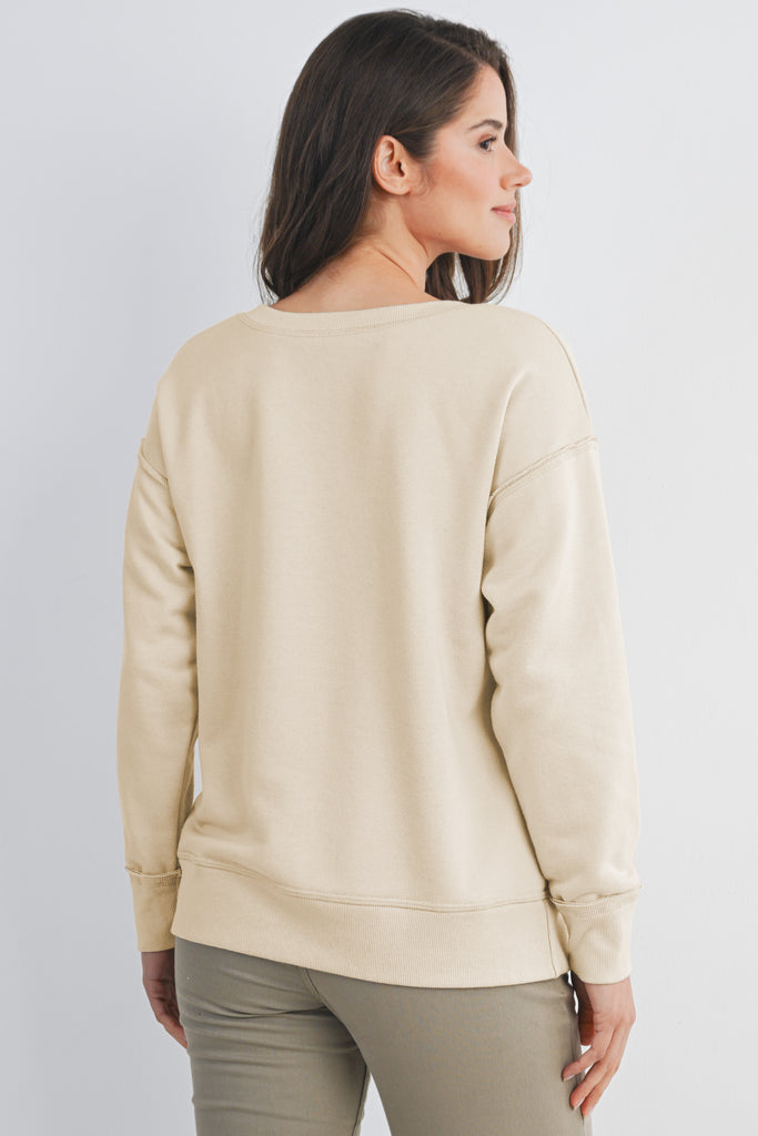 Beige V Neck Long Sleeve Front Pocket Maternity Pullover Top Front View Back View