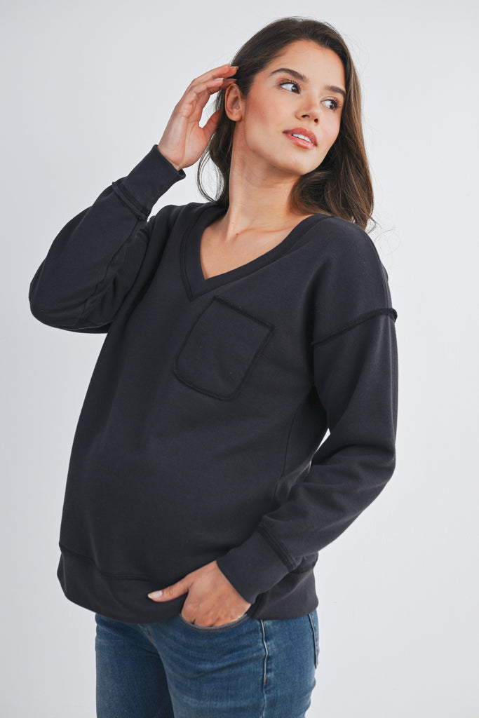 Black V Neck Long Sleeve Front Pocket Maternity Pullover Top Front View Side View