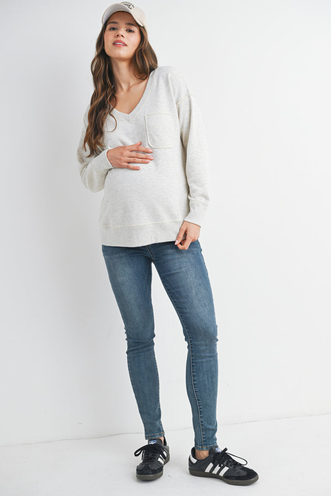 Light Grey V Neck Long Sleeve Front Pocket Maternity Pullover Top Front View Full Body