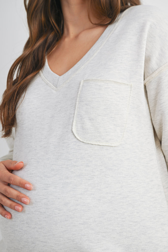 Light Grey V Neck Long Sleeve Front Pocket Maternity Pullover Top Front View