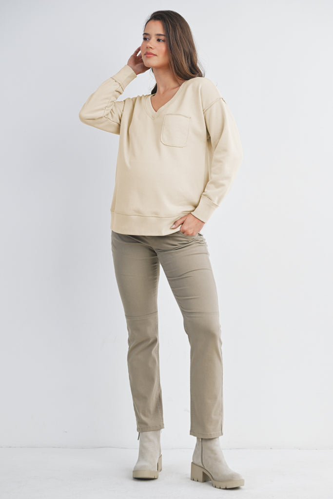 Beige V Neck Long Sleeve Front Pocket Maternity Pullover Top Front View Full Body