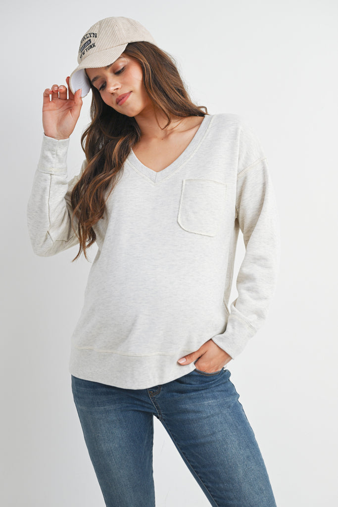 Light Grey V Neck Long Sleeve Front Pocket Maternity Pullover Top Front View