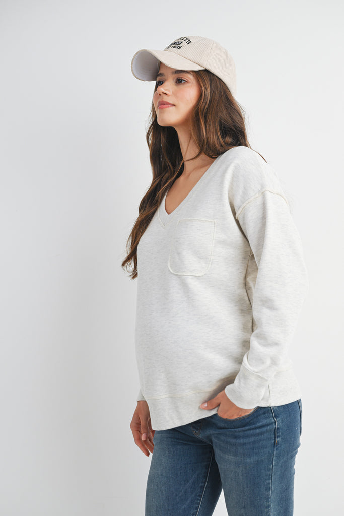 Light Grey V Neck Long Sleeve Front Pocket Maternity Pullover Top Front View Side View
