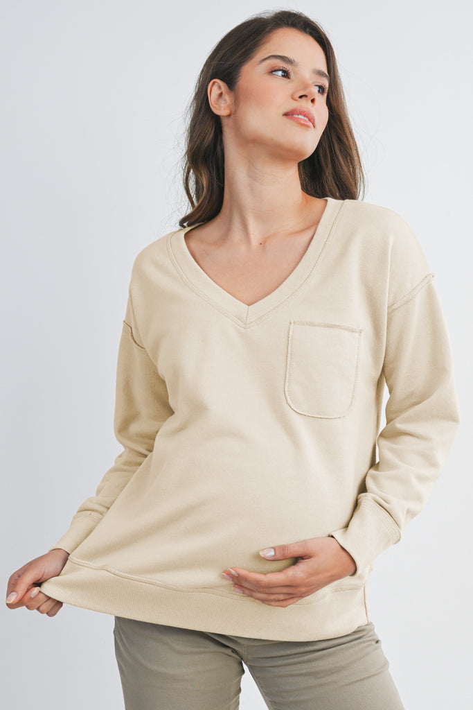 Beige V Neck Long Sleeve Front Pocket Maternity Pullover Top Front View Front View