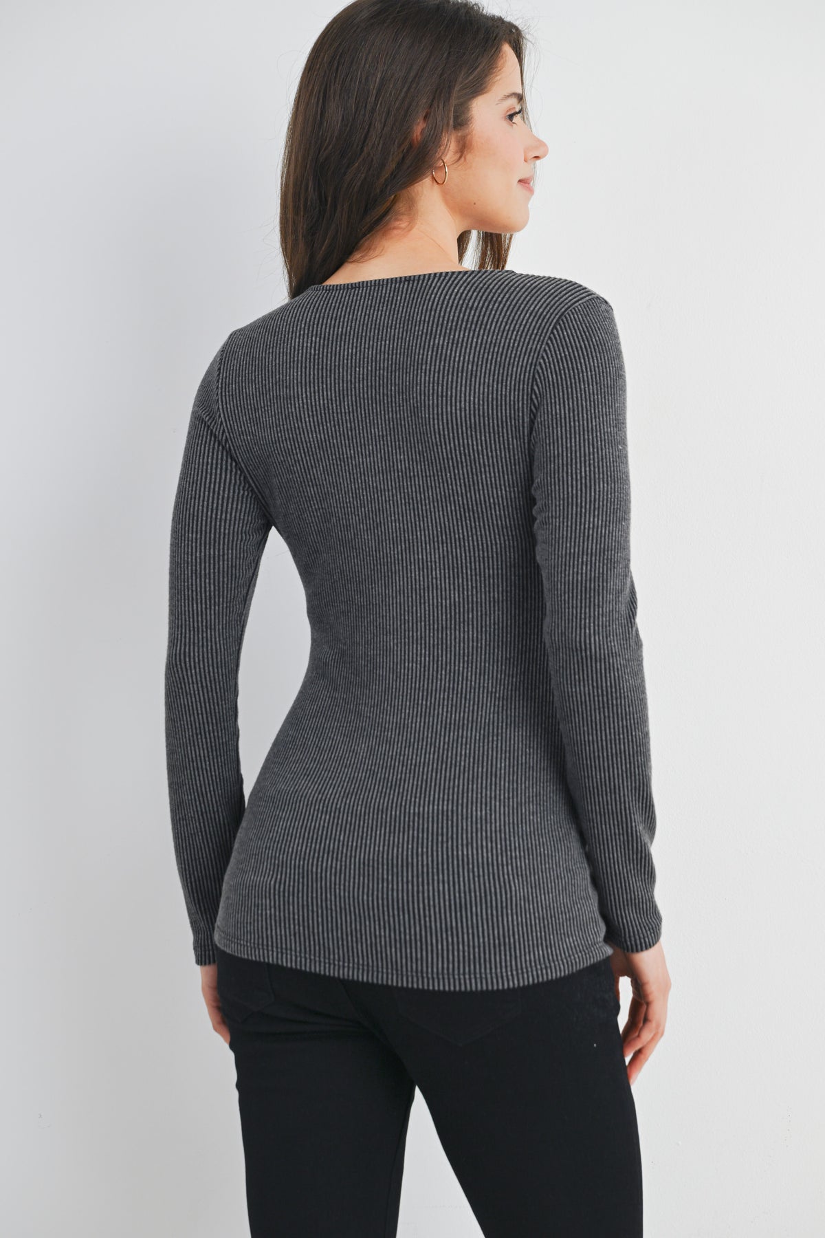 Charcoal Sweetheart Neck Long Sleeve Ribbed Maternity Top Back View