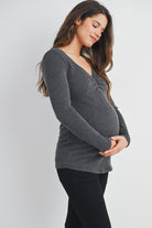 Charcoal Sweetheart Neck Long Sleeve Ribbed Maternity Top Side View