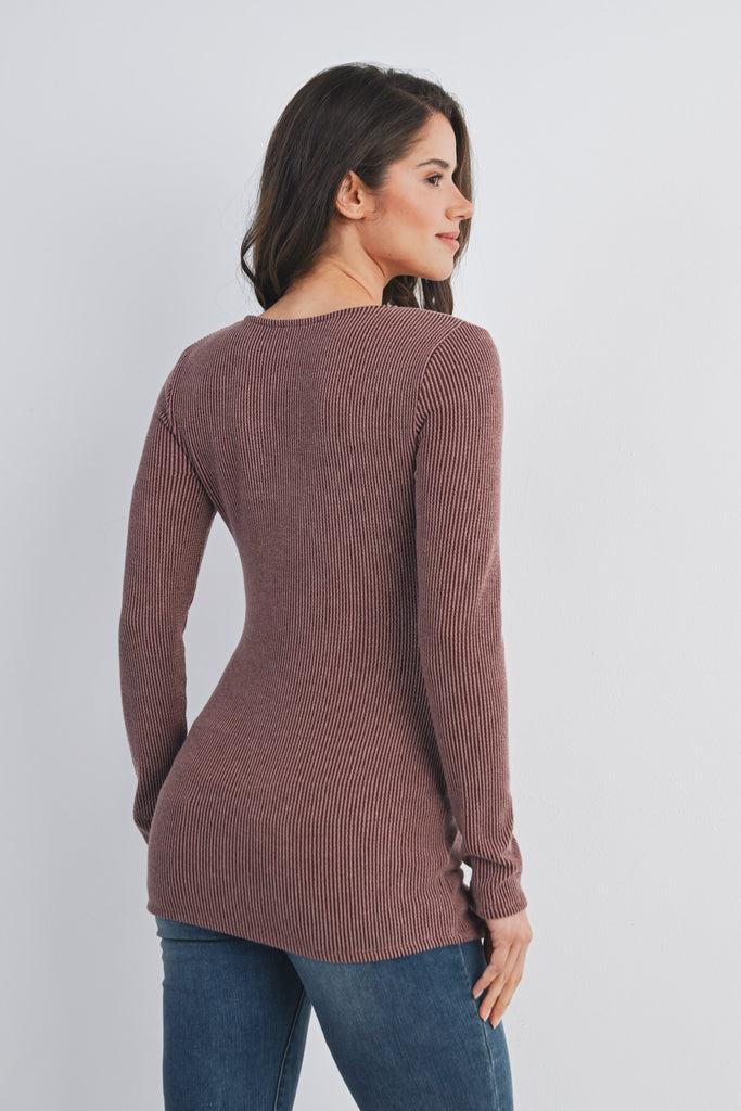 Red Brown Sweetheart Neck Long Sleeve Ribbed Maternity Top Back View