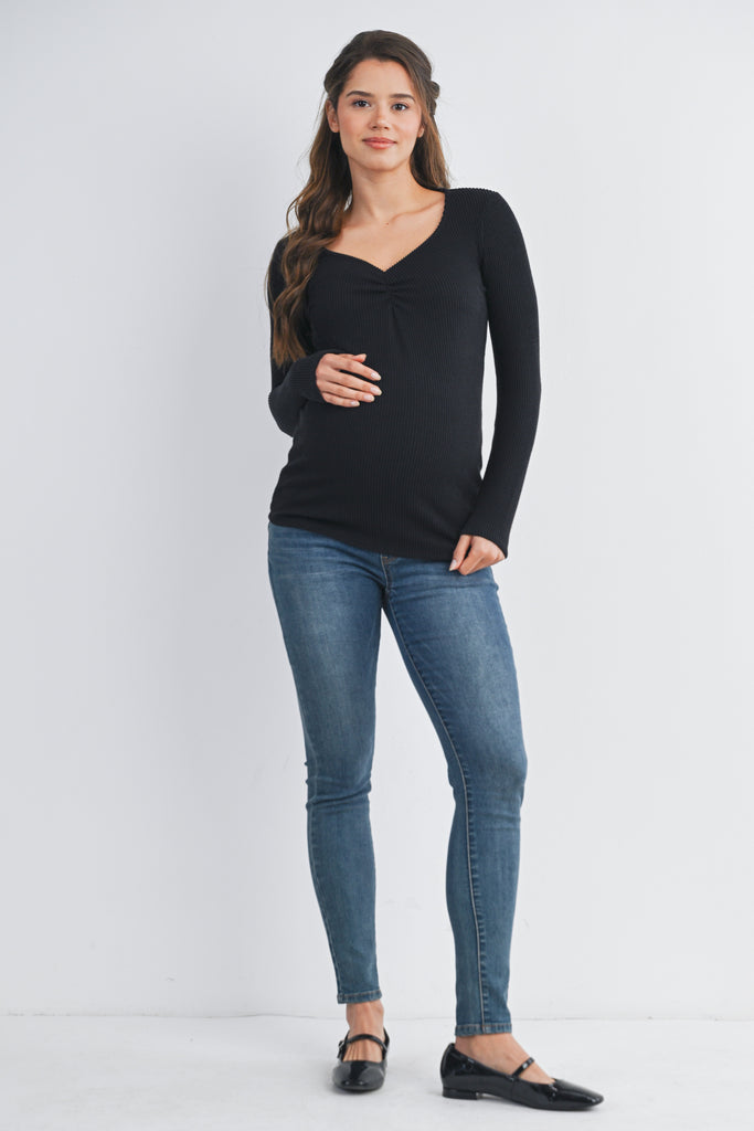 Black Sweetheart Neck Long Sleeve Ribbed Maternity Top Full Body
