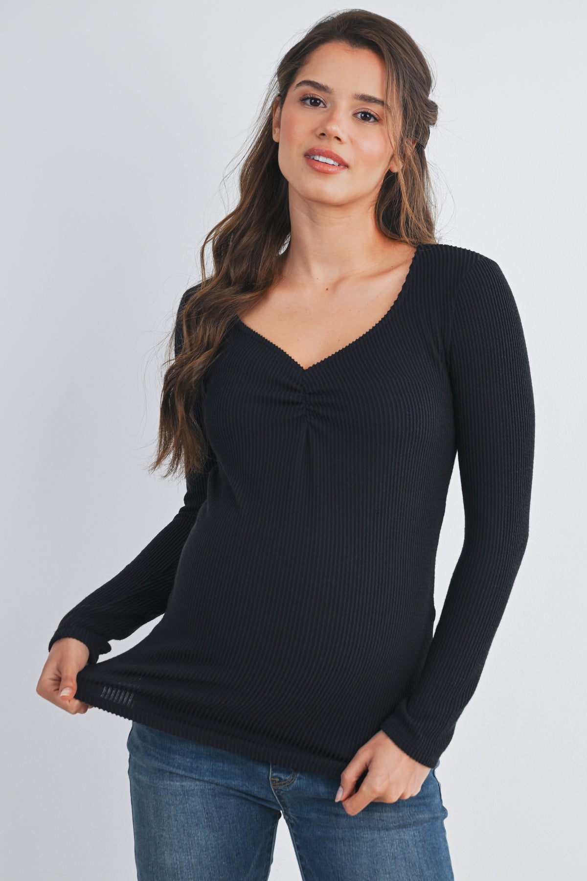 Black Sweetheart Neck Long Sleeve Ribbed Maternity Top Front View