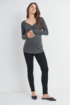 Charcoal Sweetheart Neck Long Sleeve Ribbed Maternity Top Full Body