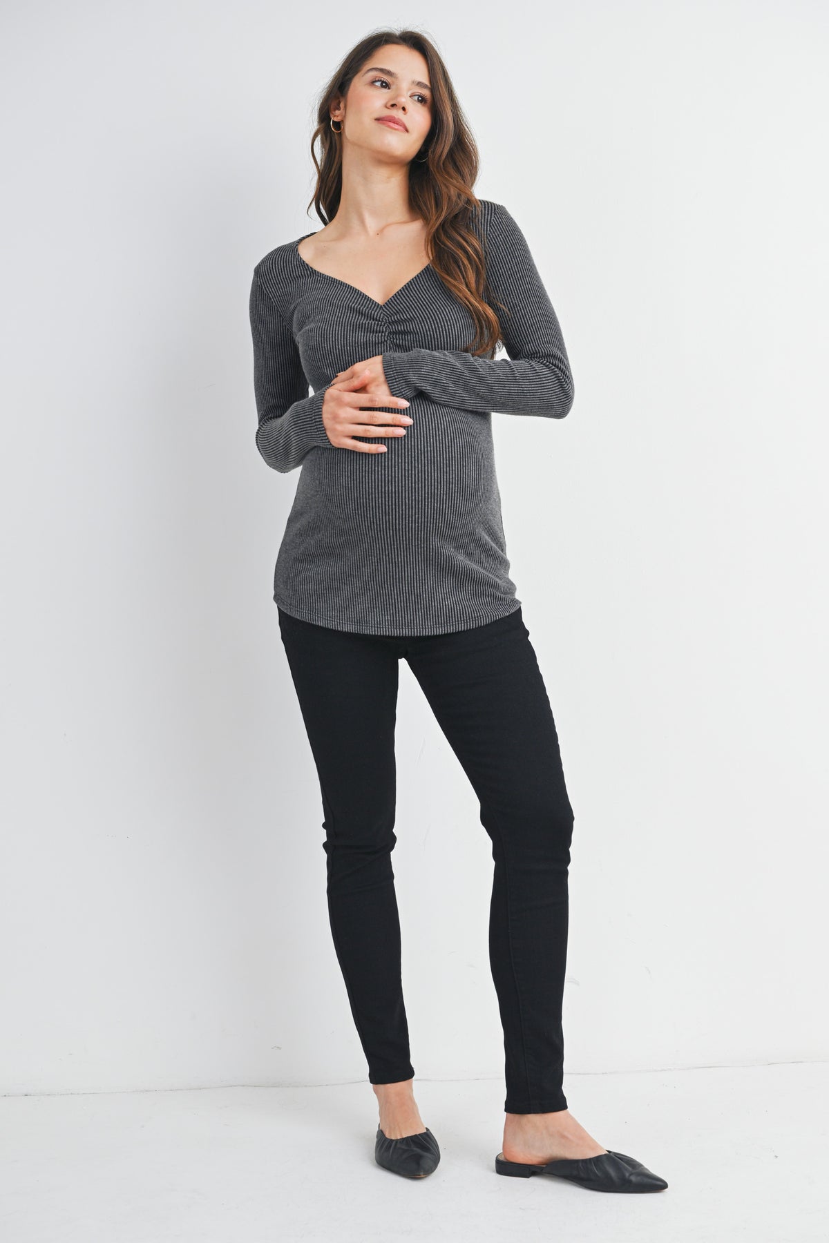 Charcoal Sweetheart Neck Long Sleeve Ribbed Maternity Top Full Body