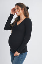 Black Sweetheart Neck Long Sleeve Ribbed Maternity Top Side View