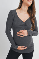 Charcoal Sweetheart Neck Long Sleeve Ribbed Maternity Top Close Up