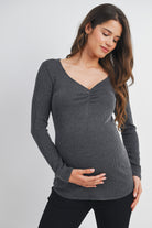 Charcoal Sweetheart Neck Long Sleeve Ribbed Maternity Top Front View