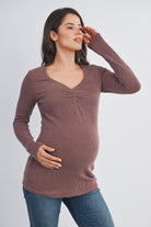 Red Brown Sweetheart Neck Long Sleeve Ribbed Maternity Top Front View
