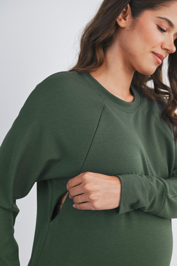 Green Round Neck Side Zip Maternity Nursing Pullover Top Zipper Detail Close Up