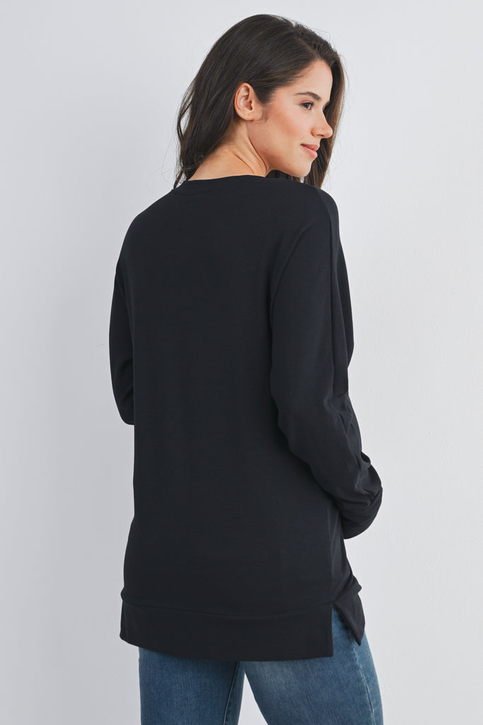 Black Round Neck Side Zip Maternity Nursing Pullover Top Back View
