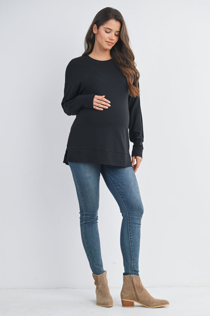 Black Round Neck Side Zip Maternity Nursing Pullover Top Full Body