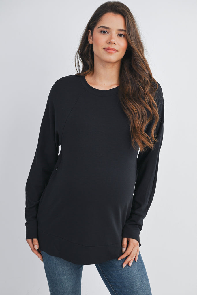 Black Round Neck Side Zip Maternity Nursing Pullover Top Front View