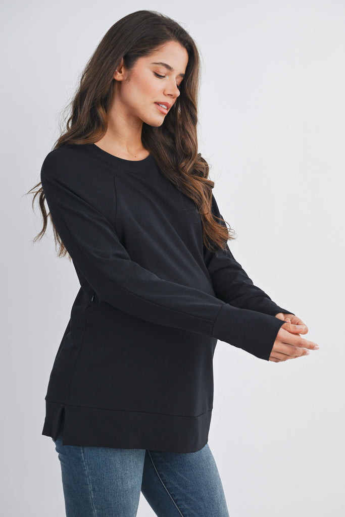 Black Round Neck Side Zip Maternity Nursing Pullover Top Side View