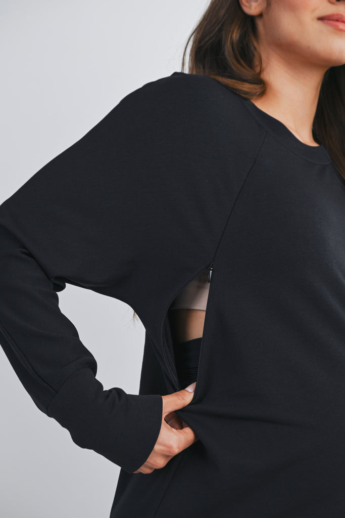 Black Round Neck Side Zip Maternity Nursing Pullover Top Zipper Close Up Detail